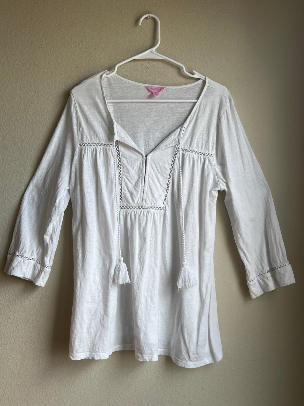 Lilly Pulitzer White Cotton Crochet Trim Tassel Tie Boho Tunic Blouse Size Large